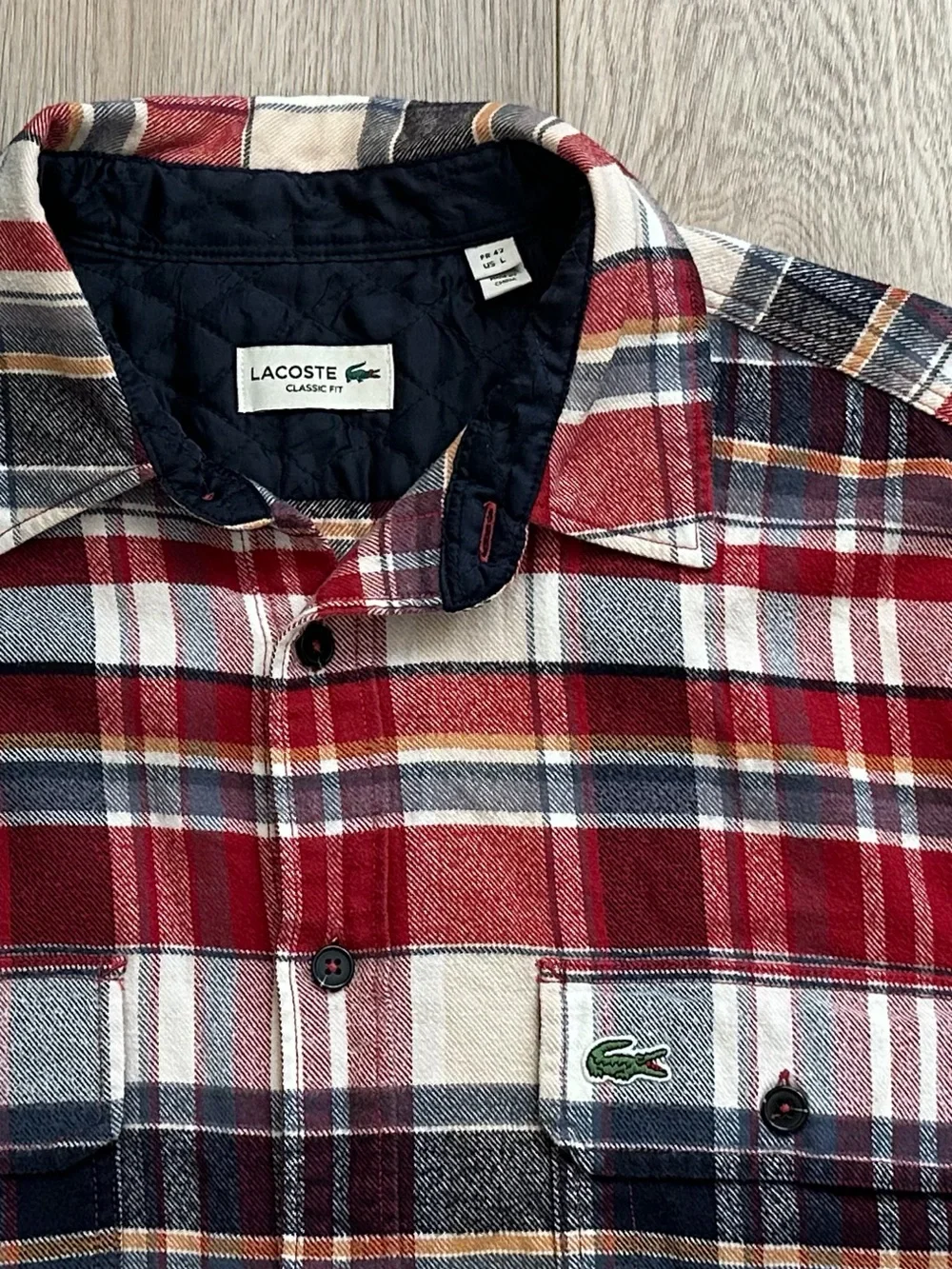 Lacoste Red Navy Plaid Button-Down Shirt classic fit Size L - Picture 5 of 10
